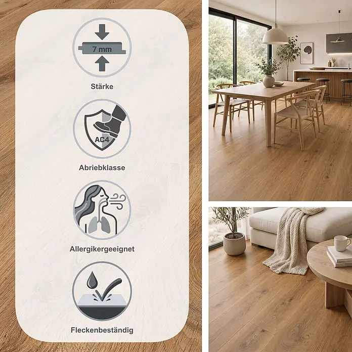 LOGOCLIC Edition Laminat Family - Lagoon, Landhausdiele, 1.288 x 245 x 7 mm - Laminatboden in warmem Holzdekor. Icons zeigen 7mm Stärke, AC4 Abrieb, Allergikerfreundlichkeit und Fleckenbeständigkeit. In modernen Wohnräumen.