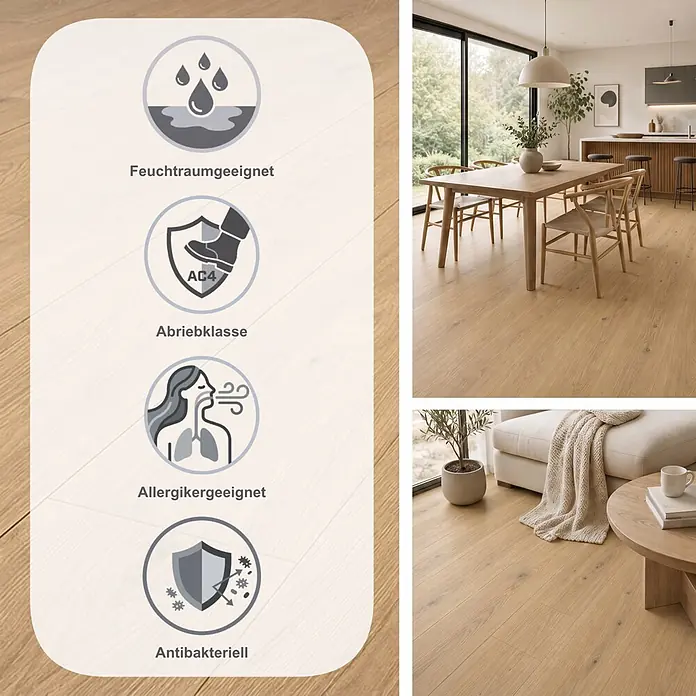 Krono Original Laminat Long Plank 8 - Smoked Montanara Oak, Landhausdiele, 2.003 x 245 x 8 mm - Helles Holzparkett mit Symbolen für Feuchtraum, AC4 Abrieb, Allergiker- & antibakterielle Eigenschaften, gezeigt in modernen Wohnräumen.