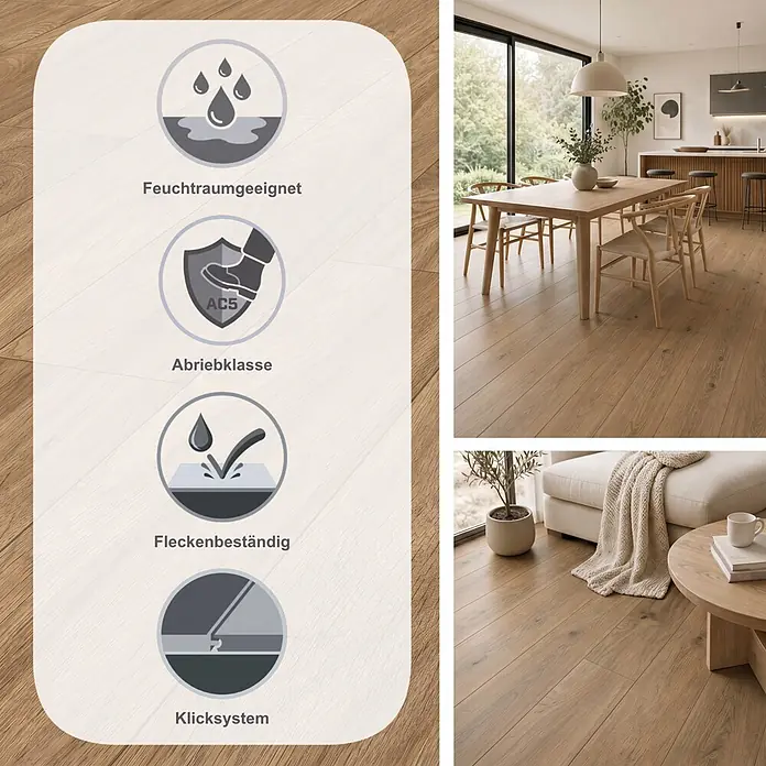 LOGOCLIC Aquaprotect Laminat - Soft Oak, Landhausdiele, 1.288 x 195 x 8 mm - Hellbrauner Holzboden in einem modernen Zuhause, der seine wasserabweisenden, AC5 Abrieb-, allergikerfreundlichen und fleckenbeständigen Eigenschaften zeigt.