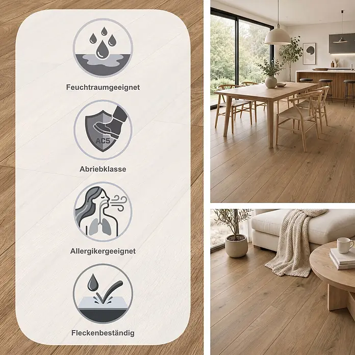 LOGOCLIC Aquaprotect Laminat - Soft Oak, Landhausdiele, 1.288 x 195 x 8 mm - Hellbrauner Holzboden in einem modernen Zuhause, der seine wasserabweisenden, AC5 Abrieb-, allergikerfreundlichen und fleckenbeständigen Eigenschaften zeigt.