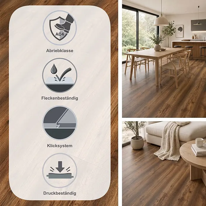 LOGOCLIC Vinto Laminat - Eiche Bergamo, Landhausdiele, 1.288 x 195 x 8 mm - Dunkelbrauner Laminatboden mit AC4 Abriebklasse, Allergikereignung, Fleckenbeständigkeit und Klicksystem, gezeigt in einem modernen Zuhause.