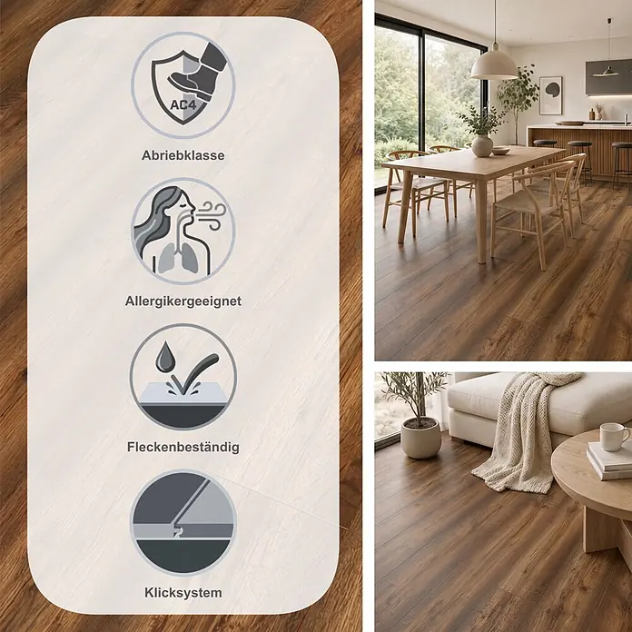 LOGOCLIC Vinto Laminat - Eiche Bergamo, Landhausdiele, 1.288 x 195 x 8 mm - Dunkelbrauner Laminatboden mit AC4 Abriebklasse, Allergikereignung, Fleckenbeständigkeit und Klicksystem, gezeigt in einem modernen Zuhause.