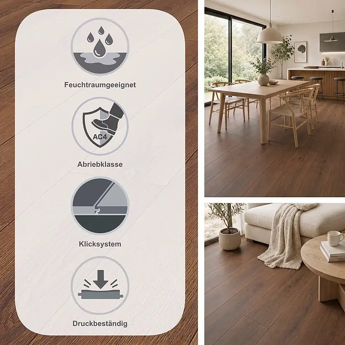 Krono Original Laminat Atlantic 7 - Grizzly Montreux Oak, Landhausdiele, 1.288 x 195 x 7 mm - Dunkelbrauner Laminatboden mit Feuchtraumeignung, AC4 Abriebklasse, Allergikerfreundlichkeit, antibakteriellen Eigenschaften, in modernem Wohnambiente.