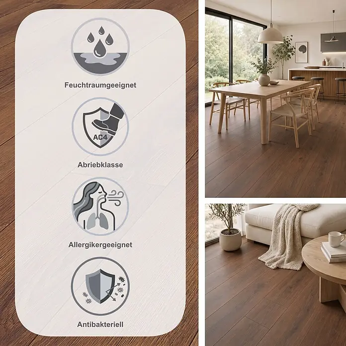 Krono Original Laminat Atlantic 7 - Grizzly Montreux Oak, Landhausdiele, 1.288 x 195 x 7 mm - Dunkelbrauner Laminatboden mit Feuchtraumeignung, AC4 Abriebklasse, Allergikerfreundlichkeit, antibakteriellen Eigenschaften, in modernem Wohnambiente.
