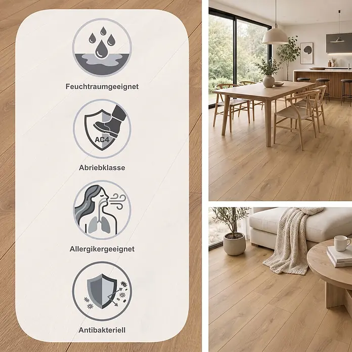 Krono Original Laminat Atlantic 8 - Natural Parioli Oak, Landhausdiele, 1.288 x 195 x 8 mm - Heller Holzoptik-Bodenbelag in modernem Zuhause, Symbole betonen wasserbeständige, AC4-Abrieb, allergikerfreundliche und antibakterielle Eigenschaften.