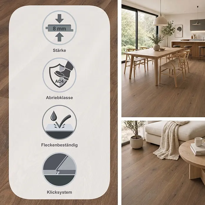 LOGOCLIC Edition Laminat Vinto - Sundance Oak, Landhausdiele, 1.288 x 245 x 8 mm - Heller Laminatboden (8 mm, AC4 Abriebklasse, Allergikergeeignet, Fleckenbeständig) in Wohnräumen dargestellt.