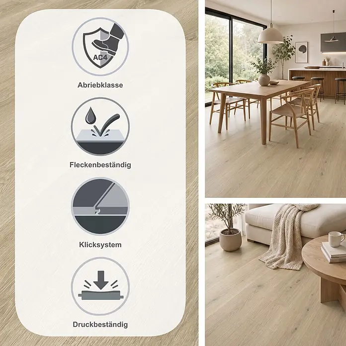 LOGOCLIC Vinto Laminat - Memphis, Landhausdiele, 1.288 x 195 x 8 mm - Heller Holzboden mit AC4 Abriebklasse, allergikerfreundlich, fleckenbeständig und Klicksystem.