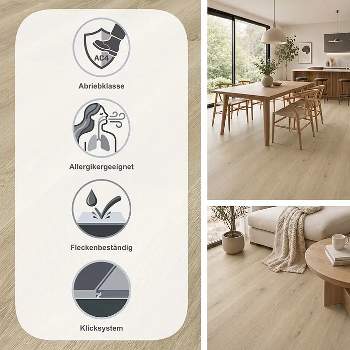 LOGOCLIC Vinto Laminat - Memphis, Landhausdiele, 1.288 x 195 x 8 mm - Heller Holzboden mit AC4 Abriebklasse, allergikerfreundlich, fleckenbeständig und Klicksystem.