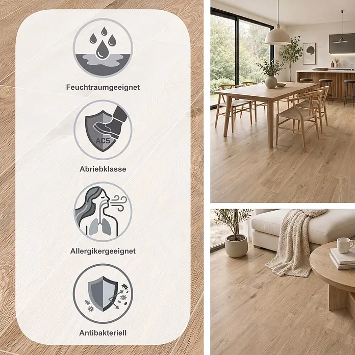 Krono Original Laminat Classic Silent Eco - Eurus Oak, Landhausdiele, 1.288 x 195 x 9 mm - Heller Holzboden in modernem Wohn-Essbereich, mit Symbolen für Wasserbeständigkeit, Abriebklasse AC5, Allergikerfreundlichkeit und antibakterielle Eigenschaften.