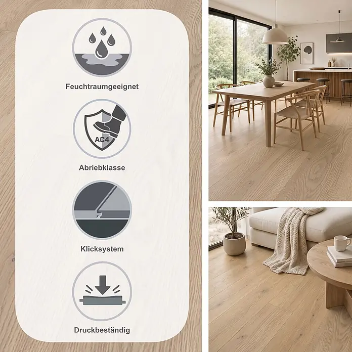 Krono Original Laminat Atlantic 8 - 1.288 x 195 x 8 mm, Cotto Cremona Oak, AC4, Druckbeständig - Helles Holzparkett in modernen Wohnräumen, mit Symbolen für Feuchtraumeignung, Abriebklasse AC4, Allergiker- & antibakteriellen Schutz.