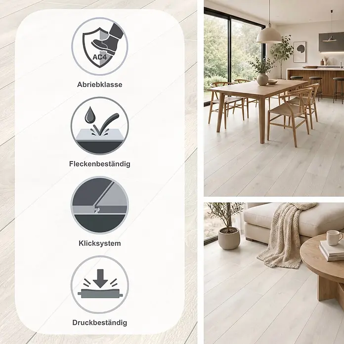 LOGOCLIC Vinto Laminat - Eiche Bastogne, Landhausdiele, 1.288 x 195 x 8 mm - Helles Holzlaminat in einem modernen Zuhause, mit Abriebklasse AC4, allergikerfreundlich, fleckenbeständig und Klicksystem.
