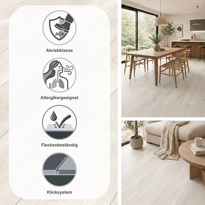 LOGOCLIC Vinto Laminat - Eiche Bastogne, Landhausdiele, 1.288 x 195 x 8 mm - Helles Holzlaminat in einem modernen Zuhause, mit Abriebklasse AC4, allergikerfreundlich, fleckenbeständig und Klicksystem.