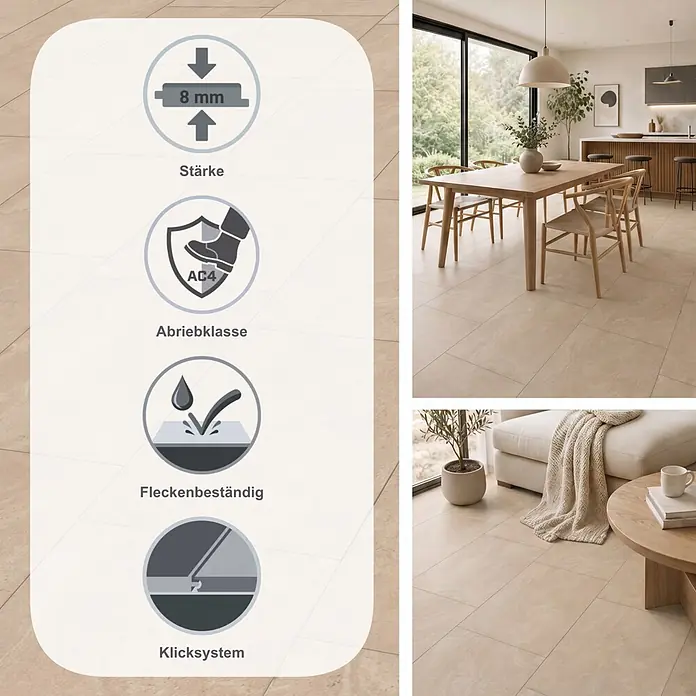 LOGOCLIC Laminat Orbit - Orbit, 1.288 x 330 x 8 mm - Hellbeige Bodenfliesen in einem modernen Wohnraum mit Piktogrammen für 8mm Stärke, AC4 Abrieb, Allergikerfreundlichkeit und Fleckenbeständigkeit.