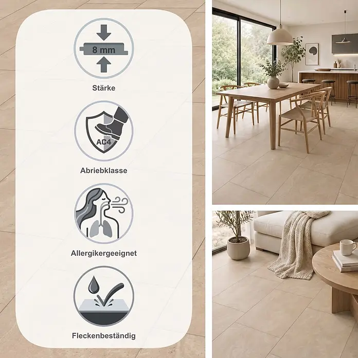 LOGOCLIC Laminat Orbit - Orbit, 1.288 x 330 x 8 mm - Hellbeige Bodenfliesen in einem modernen Wohnraum mit Piktogrammen für 8mm Stärke, AC4 Abrieb, Allergikerfreundlichkeit und Fleckenbeständigkeit.