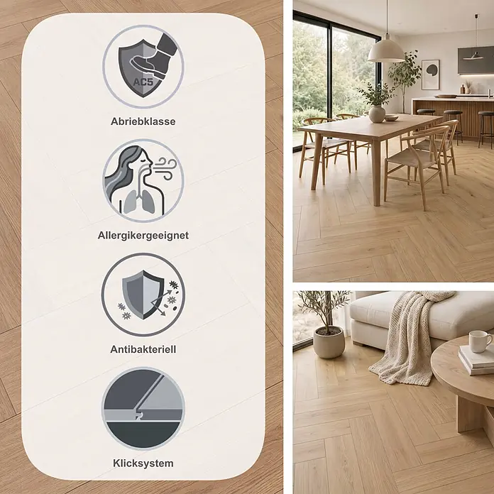 Krono Original Laminat Herringbone 8 - Smoked Montanara Oak, Fischgrät, 630 x 126 x 8 mm - Heller Holzoptik-Boden in Fischgrätmuster für moderne Räume, mit AC5-Abriebklasse, allergikerfreundlich, antibakteriell und Klicksystem.