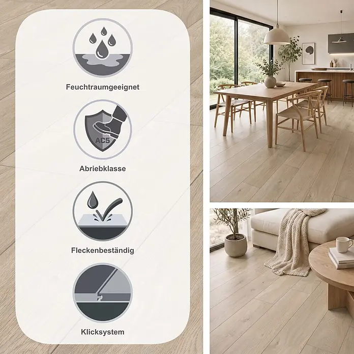 LOGOCLIC Aquaprotect Laminat - Nature Oak, Landhausdiele, 1.288 x 195 x 8 mm - Heller Holzfußboden, feuchtraumgeeignet, abriebfest (AC5), allergikerfreundlich, schmutzabweisend, in modernen Ess- und Wohnzimmern.