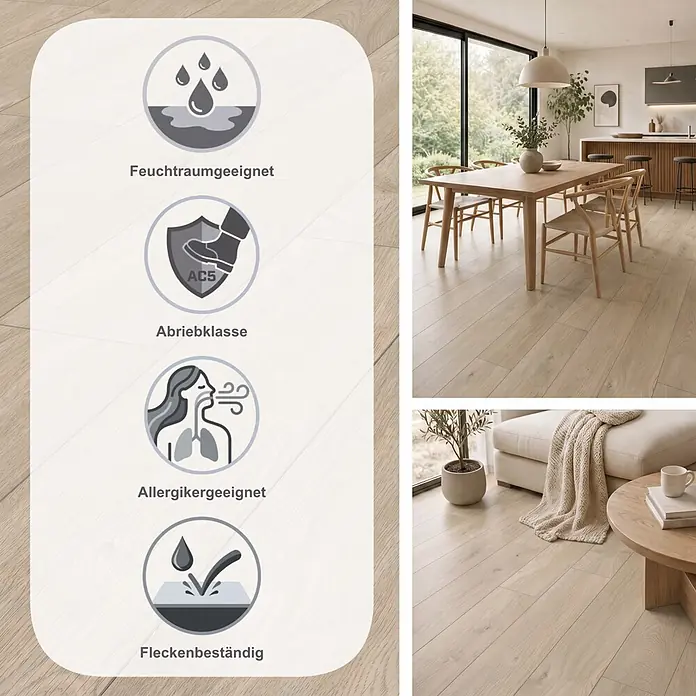 LOGOCLIC Aquaprotect Laminat - Nature Oak, Landhausdiele, 1.288 x 195 x 8 mm - Heller Holzfußboden, feuchtraumgeeignet, abriebfest (AC5), allergikerfreundlich, schmutzabweisend, in modernen Ess- und Wohnzimmern.