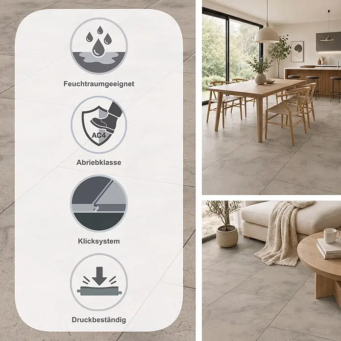 Krono Original Laminat Atlantic 8 - Dovetail Arosa, 638 x 330 x 8 mm - Hellgraue Fliesen in Betonoptik für ein modernes Ess- und Wohnzimmer, mit hoher Abriebfestigkeit, Feuchtraumeignung und antibakteriellen Eigenschaften.