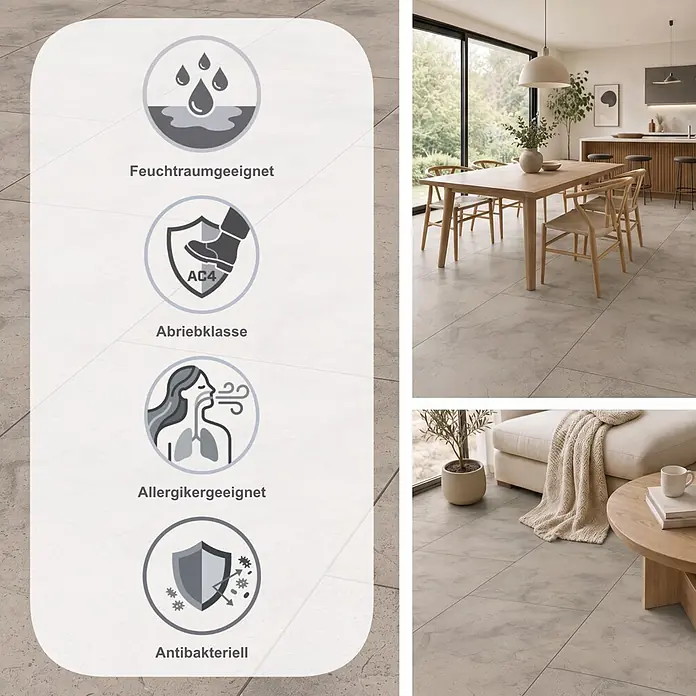 Krono Original Laminat Atlantic 8 - Dovetail Arosa, 638 x 330 x 8 mm - Hellgraue Fliesen in Betonoptik für ein modernes Ess- und Wohnzimmer, mit hoher Abriebfestigkeit, Feuchtraumeignung und antibakteriellen Eigenschaften.