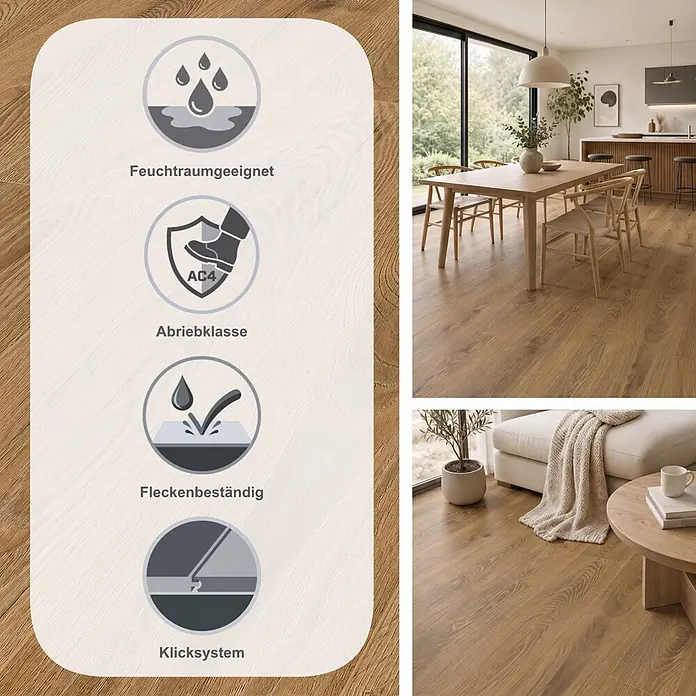 LOGOCLIC Vinto Laminat - Eiche Kronos, Landhausdiele, 1.288 x 195 x 10 mm - Dunkelbrauner Holzfußboden in einem modernen Zuhause. Symbole heben seine Strapazierfähigkeit, Feuchtraumeignung, Allergikerfreundlichkeit und Fleckenbeständigkeit hervor.