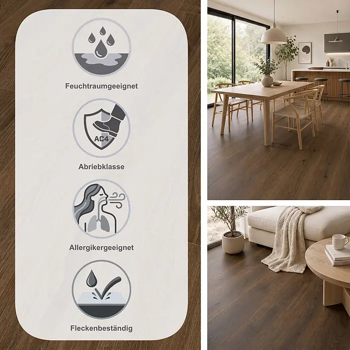 LOGOCLIC Vinto Laminat - Eiche Kronos, Landhausdiele, 1.288 x 195 x 10 mm - Dunkelbrauner Holzfußboden in einem modernen Zuhause. Symbole heben seine Strapazierfähigkeit, Feuchtraumeignung, Allergikerfreundlichkeit und Fleckenbeständigkeit hervor.