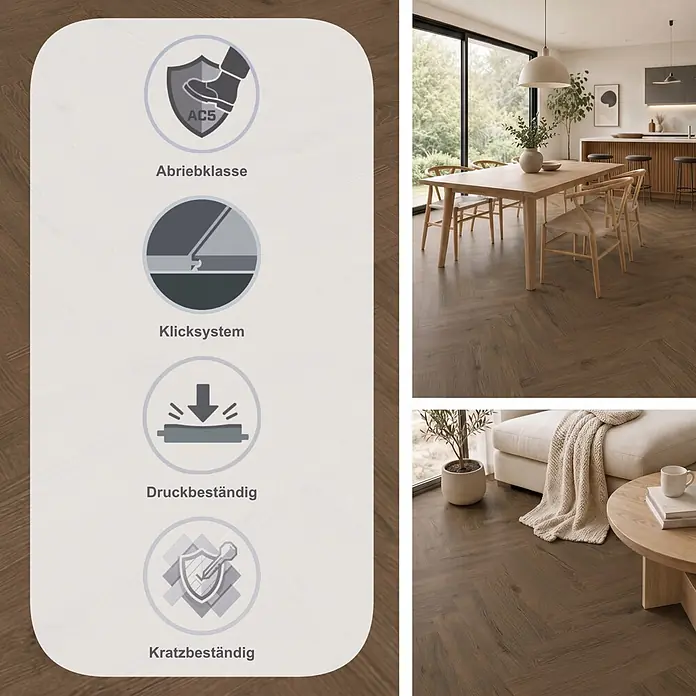 Krono Original Laminat Herringbone - Dark Montanara Oak, Fischgrät, 630 x 126 x 8 mm - Dunkelbrauner Fischgrät-Laminatboden in modernen Ess- und Wohnzimmern, mit AC5-Abriebklasse, allergikerfreundlich, antibakteriell und Klicksystem.