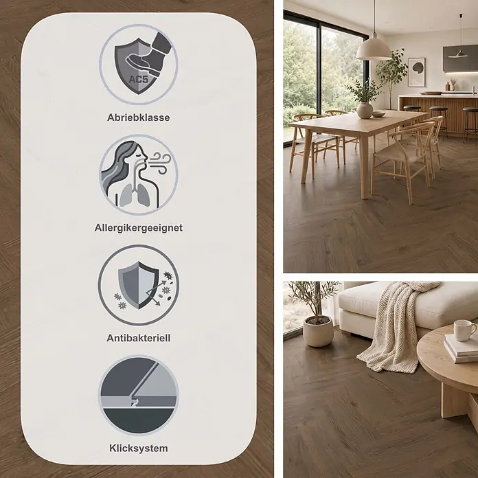 Krono Original Laminat Herringbone - Dark Montanara Oak, Fischgrät, 630 x 126 x 8 mm - Dunkelbrauner Fischgrät-Laminatboden in modernen Ess- und Wohnzimmern, mit AC5-Abriebklasse, allergikerfreundlich, antibakteriell und Klicksystem.