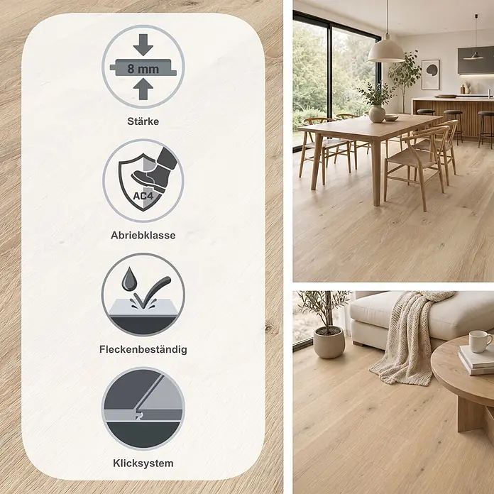 LOGOCLIC Laminat Eiche Cosmo - 1.288 x 195 x 8 mm, Landhausdiele, Eiche Cosmo - Heller Eichenlaminatboden (8mm, AC4) mit natürlicher Maserung, in einem modernen Ess- und Wohnzimmer.