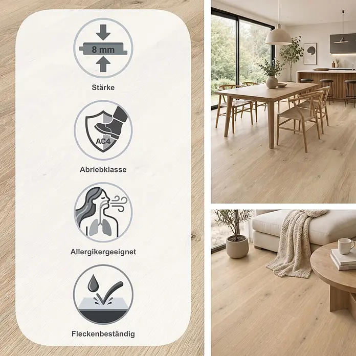 LOGOCLIC Laminat Eiche Cosmo - 1.288 x 195 x 8 mm, Landhausdiele, Eiche Cosmo - Heller Eichenlaminatboden (8mm, AC4) mit natürlicher Maserung, in einem modernen Ess- und Wohnzimmer.