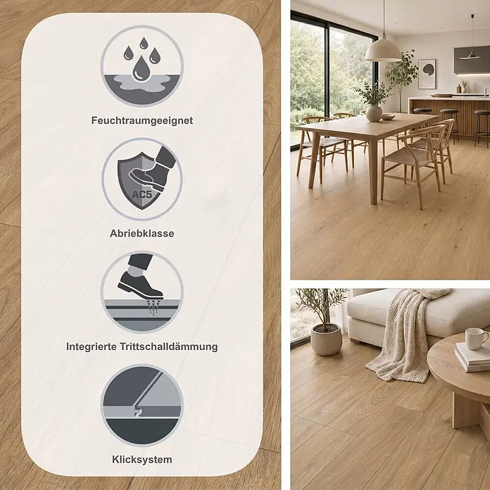 Krono Original Laminat Comfort Silent Cork - Buckingham Oak, Landhausdiele, 1.288 x 195 x 8 mm - Heller Eichenlaminatboden mit Symbolen für Feuchtraumeignung, Abriebklasse AC5, Allergikerfreundlichkeit und antibakterielle Eigenschaften, gezeigt in einem modernen Zuhause.