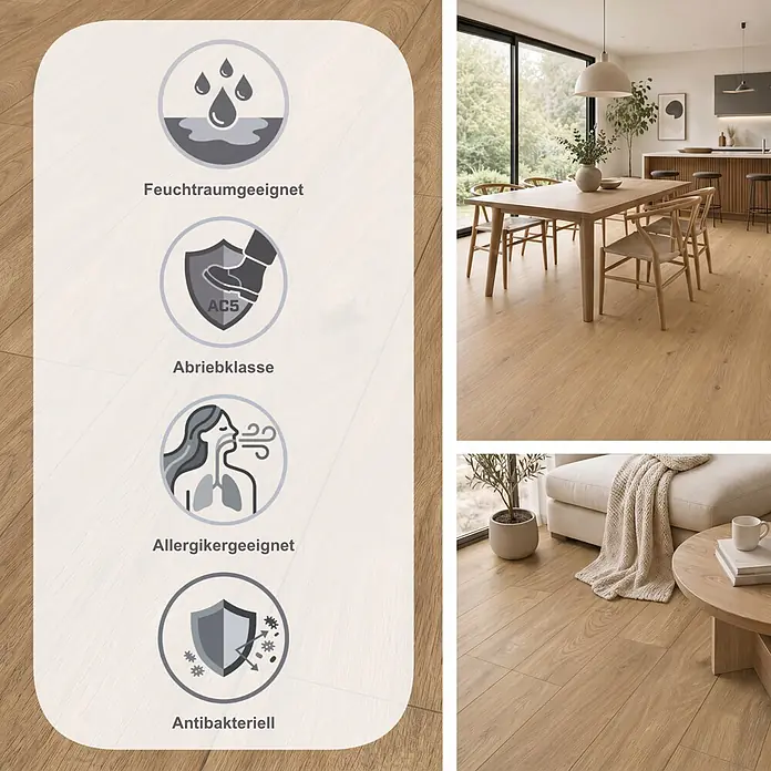Krono Original Laminat Comfort Silent Cork - Buckingham Oak, Landhausdiele, 1.288 x 195 x 8 mm - Heller Eichenlaminatboden mit Symbolen für Feuchtraumeignung, Abriebklasse AC5, Allergikerfreundlichkeit und antibakterielle Eigenschaften, gezeigt in einem modernen Zuhause.