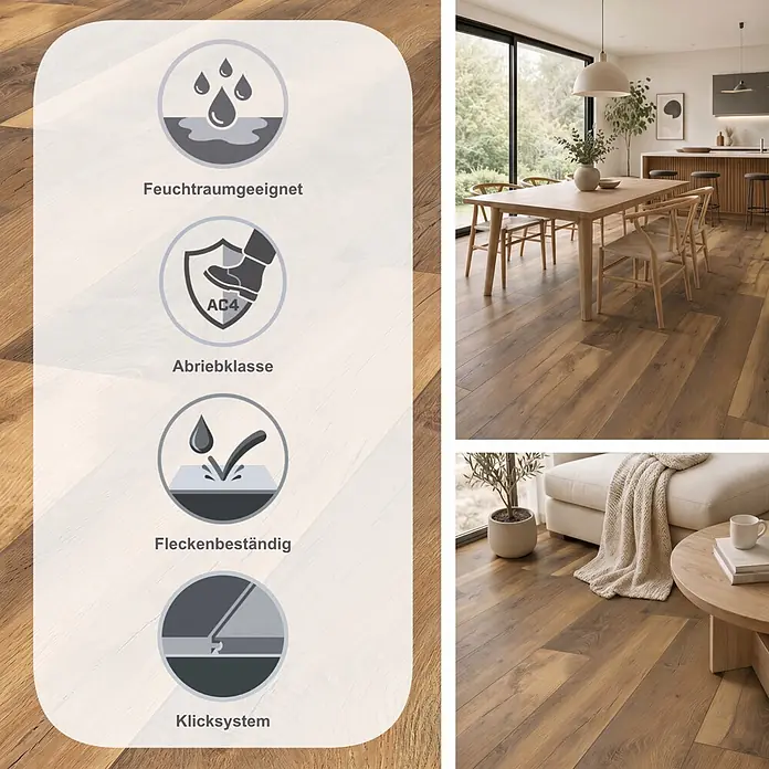 LOGOCLIC Vinto Laminat - Eiche Toledo, Landhausdiele, 1.288 x 195 x 10 mm - Warmer, brauner Laminatboden in Holzoptik im modernen Zuhause, mit Icons für Feuchtraum, Abrieb AC4, Allergikerfreundlichkeit und Fleckenbeständigkeit.