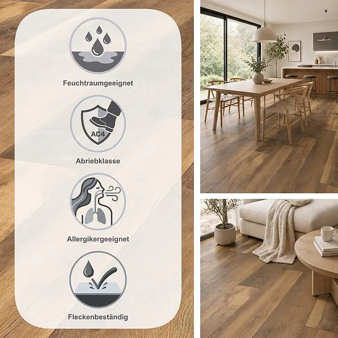 LOGOCLIC Vinto Laminat - Eiche Toledo, Landhausdiele, 1.288 x 195 x 10 mm - Warmer, brauner Laminatboden in Holzoptik im modernen Zuhause, mit Icons für Feuchtraum, Abrieb AC4, Allergikerfreundlichkeit und Fleckenbeständigkeit.