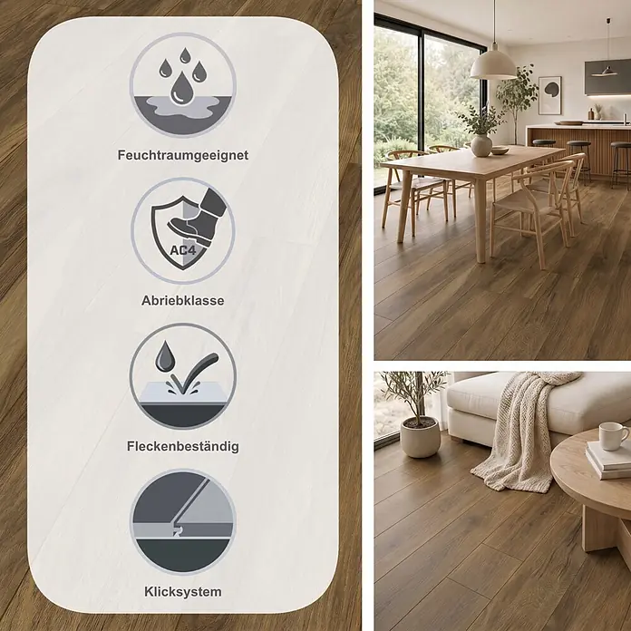 LOGOCLIC Vinto Laminat - Marsala, Landhausdiele, 1.288 x 195 x 10 mm - Dunkler Holzboden mit Icons für Feuchtraumeignung, AC4-Abrieb, Allergikerfreundlichkeit und Fleckenbeständigkeit, in modernen Räumen.