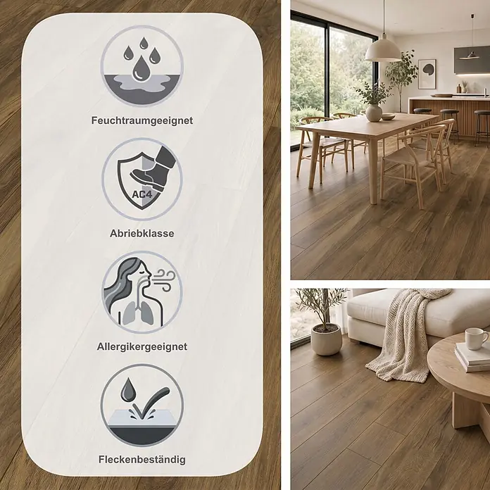 LOGOCLIC Vinto Laminat - Marsala, Landhausdiele, 1.288 x 195 x 10 mm - Dunkler Holzboden mit Icons für Feuchtraumeignung, AC4-Abrieb, Allergikerfreundlichkeit und Fleckenbeständigkeit, in modernen Räumen.