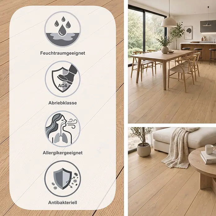 Krono Original Laminat Atlantic 8 - Torro Cremona Oak, Landhausdiele, 1.288 x 195 x 8 mm - Heller Holzfußboden in modernen Wohnräumen, der seine feuchtraumgeeigneten, widerstandsfähigen (AC4), allergikerfreundlichen und antibakteriellen Eigenschaften hervorhebt.