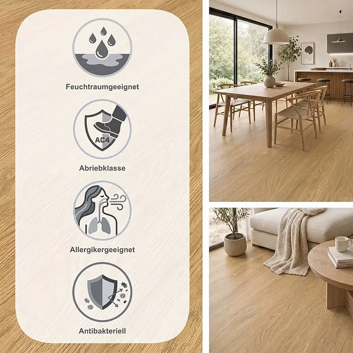 Krono Original Laminat Atlantic 7 - Gold Fiordaliso Oak, Landhausdiele, 1.288 x 195 x 7 mm - Heller Holzfußboden in einem modernen Zuhause, der seine Feuchtraumeignung, Abriebklasse AC4, Allergikerfreundlichkeit und antibakterielle Eigenschaften hervorhebt.