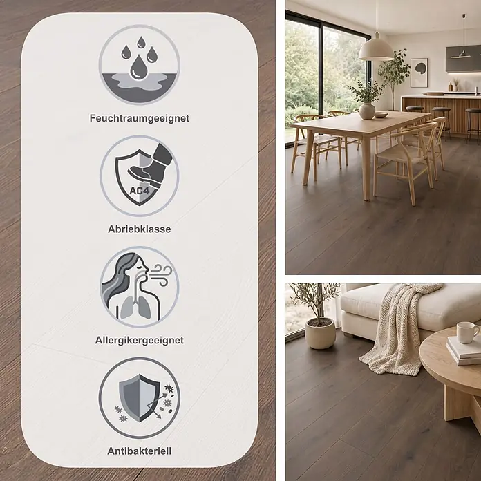 Krono Original Laminat Long Plank 8 - Dark Montanara Oak, Landhausdiele, 2.003 x 245 x 8 mm - Dunkler Holzboden in modernen Wohnräumen, mit Symbolen für Wasserbeständigkeit, AC4-Abriebklasse, Allergiker- und antibakterielle Eigenschaften.