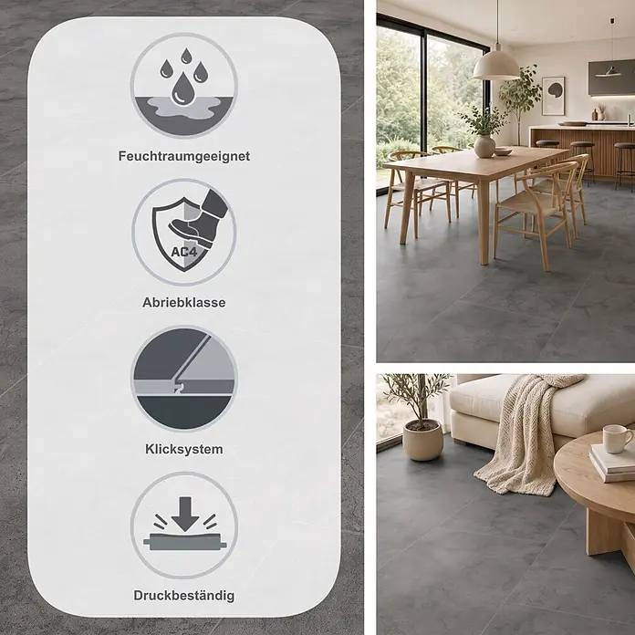 Krono Original Laminat Atlantic 8 - Fossil Arosa, 638 x 330 x 8 mm - Dunkelgraue Bodenfliesen in modernen Wohnräumen gezeigt. Icons heben Merkmale hervor: feuchtraumgeeignet, AC4, allergikergeeignet, antibakteriell.