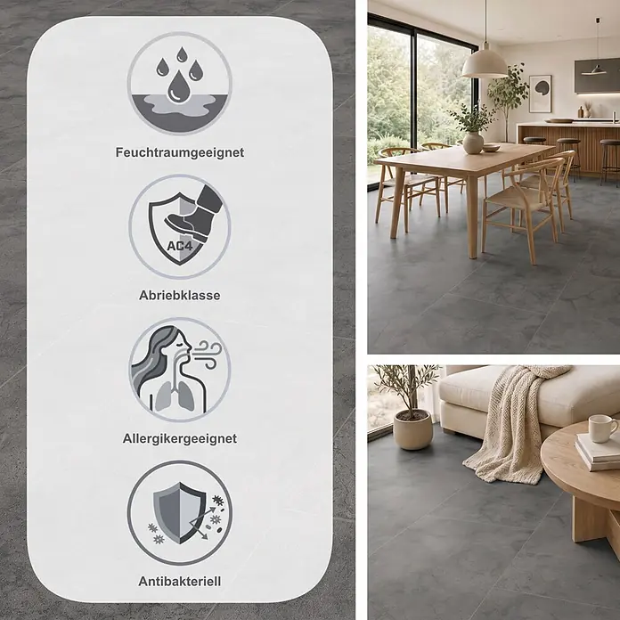 Krono Original Laminat Atlantic 8 - Fossil Arosa, 638 x 330 x 8 mm - Dunkelgraue Bodenfliesen in modernen Wohnräumen gezeigt. Icons heben Merkmale hervor: feuchtraumgeeignet, AC4, allergikergeeignet, antibakteriell.