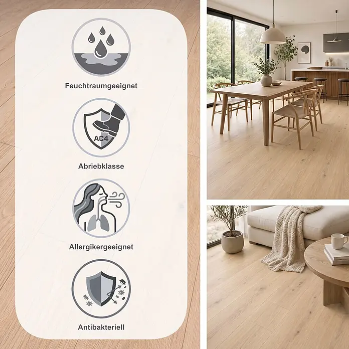 Krono Original Laminat Atlantic 8 - Blonde Montanara Oak, Landhausdiele, 1.288 x 195 x 8 mm - Heller Eichenlaminatboden mit Symbolen für Feuchtraumeignung, Abriebklasse AC4, Allergikerfreundlichkeit und antibakterielle Eigenschaften, in einem modernen Zuhause.