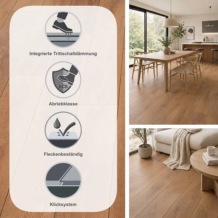 LOGOCLIC Ambienta Laminat - Eiche Corno, Landhausdiele, 1.288 x 195 x 10 mm - Heller Holzoptik-Boden, im Haus verlegt, mit Trittschalldämmung, Abriebklasse AC5, allergikerfreundlich und fleckenbeständig.