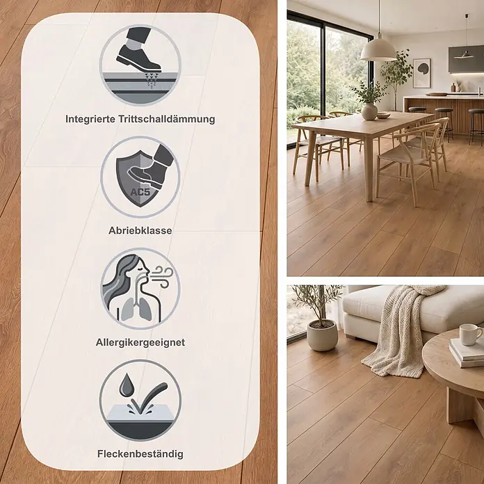 LOGOCLIC Ambienta Laminat - Eiche Corno, Landhausdiele, 1.288 x 195 x 10 mm - Heller Holzoptik-Boden, im Haus verlegt, mit Trittschalldämmung, Abriebklasse AC5, allergikerfreundlich und fleckenbeständig.