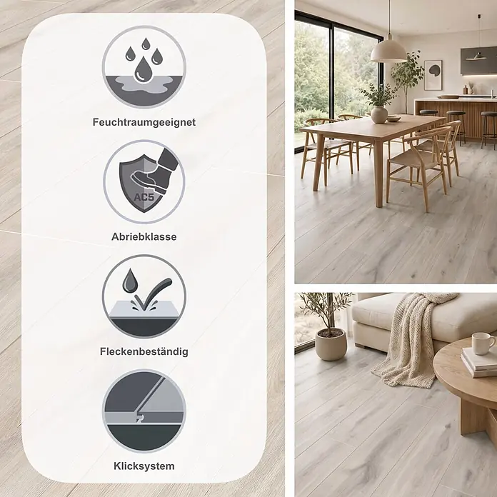 LOGOCLIC Aquaprotect Laminat - Beach Oak, Landhausdiele, 1.288 x 195 x 8 mm - Helles Laminat in Holzoptik mit Symbolen für Feuchtraum, AC5 Abriebklasse, Allergikerfreundlichkeit und Fleckenbeständigkeit, gezeigt in modernen Wohnräumen.