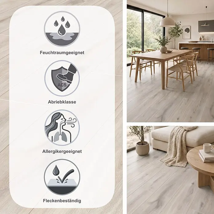 LOGOCLIC Aquaprotect Laminat - Beach Oak, Landhausdiele, 1.288 x 195 x 8 mm - Helles Laminat in Holzoptik mit Symbolen für Feuchtraum, AC5 Abriebklasse, Allergikerfreundlichkeit und Fleckenbeständigkeit, gezeigt in modernen Wohnräumen.