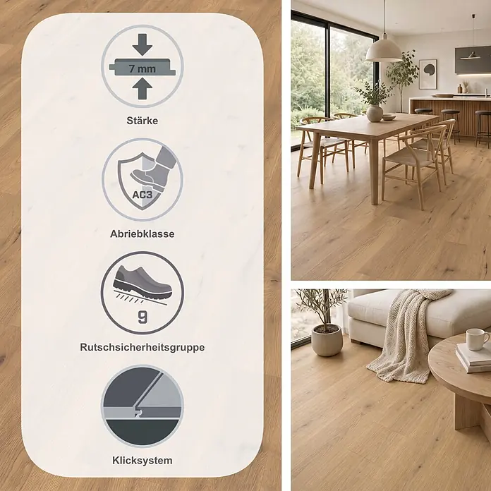 Egger Laminat NatureSense - Wildeiche Natur, Landhausdiele, 1.292 x 193 x 7 mm - Naturfarbener Laminatboden mit Icons für 7mm Stärke, Abriebklasse AC3, Allergikereignung und Rutschfestigkeitsgruppe R9. Gezeigt in modernen Wohnräumen.