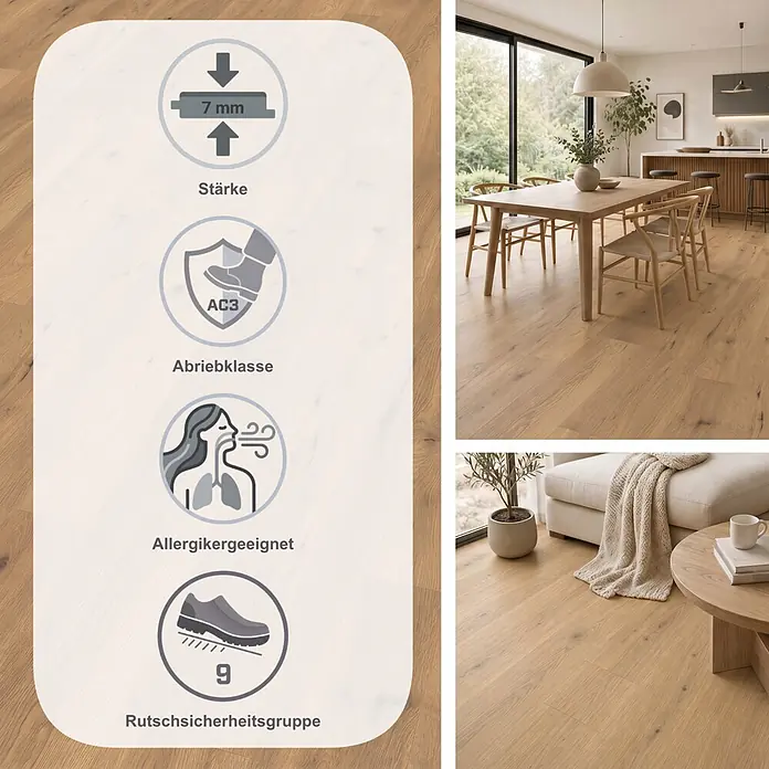 Egger Laminat NatureSense - Wildeiche Natur, Landhausdiele, 1.292 x 193 x 7 mm - Naturfarbener Laminatboden mit Icons für 7mm Stärke, Abriebklasse AC3, Allergikereignung und Rutschfestigkeitsgruppe R9. Gezeigt in modernen Wohnräumen.