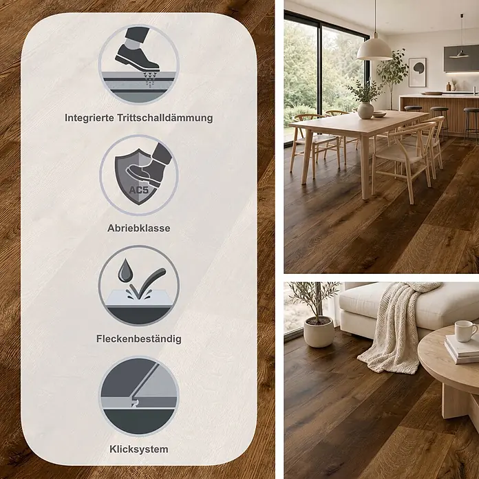 LOGOCLIC Ambienta Laminat - Eiche Mirandola, Landhausdiele, 1.288 x 195 x 10 mm - Dunkelbrauner Holzboden in modernem Raum mit integrierter Trittschalldämmung, Abriebklasse AC5, Allergikerfreundlichkeit und Fleckenbeständigkeit.