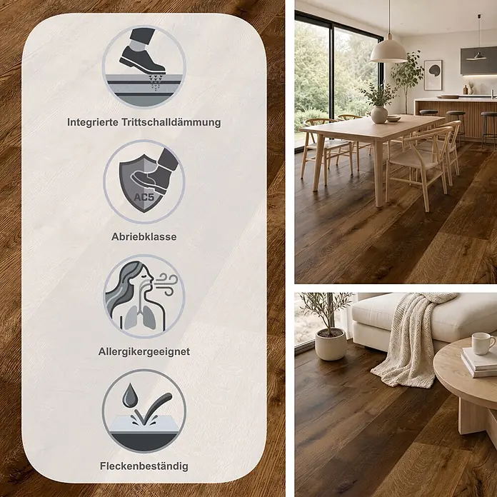LOGOCLIC Ambienta Laminat - Eiche Mirandola, Landhausdiele, 1.288 x 195 x 10 mm - Dunkelbrauner Holzboden in modernem Raum mit integrierter Trittschalldämmung, Abriebklasse AC5, Allergikerfreundlichkeit und Fleckenbeständigkeit.
