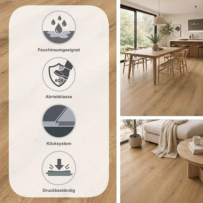 Krono Original Laminat Atlantic 7 - Sand Cantal Oak, Landhausdiele, 1.288 x 195 x 7 mm - Heller Holzfußboden in Wohnräumen, mit Eigenschaften wie Feuchtraumeignung, Abriebklasse AC4, Allergikerfreundlichkeit und Antibakteriell.